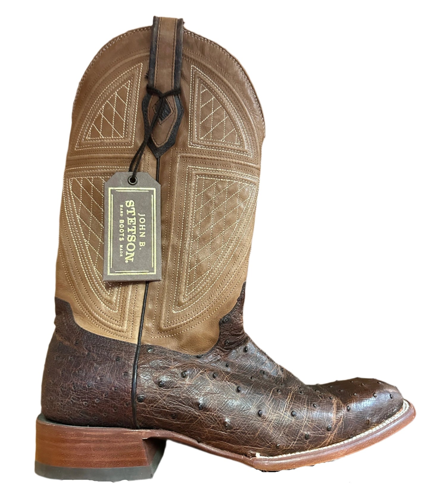 Stetson Men's Boots - Brown Full Quill Ostrich Square Toe with Tan Stitched Top