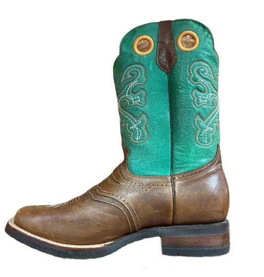 Red Diamond Men's Boots - Brown Bull Skull Saddle Vamp Square Toe with Turquoise Top