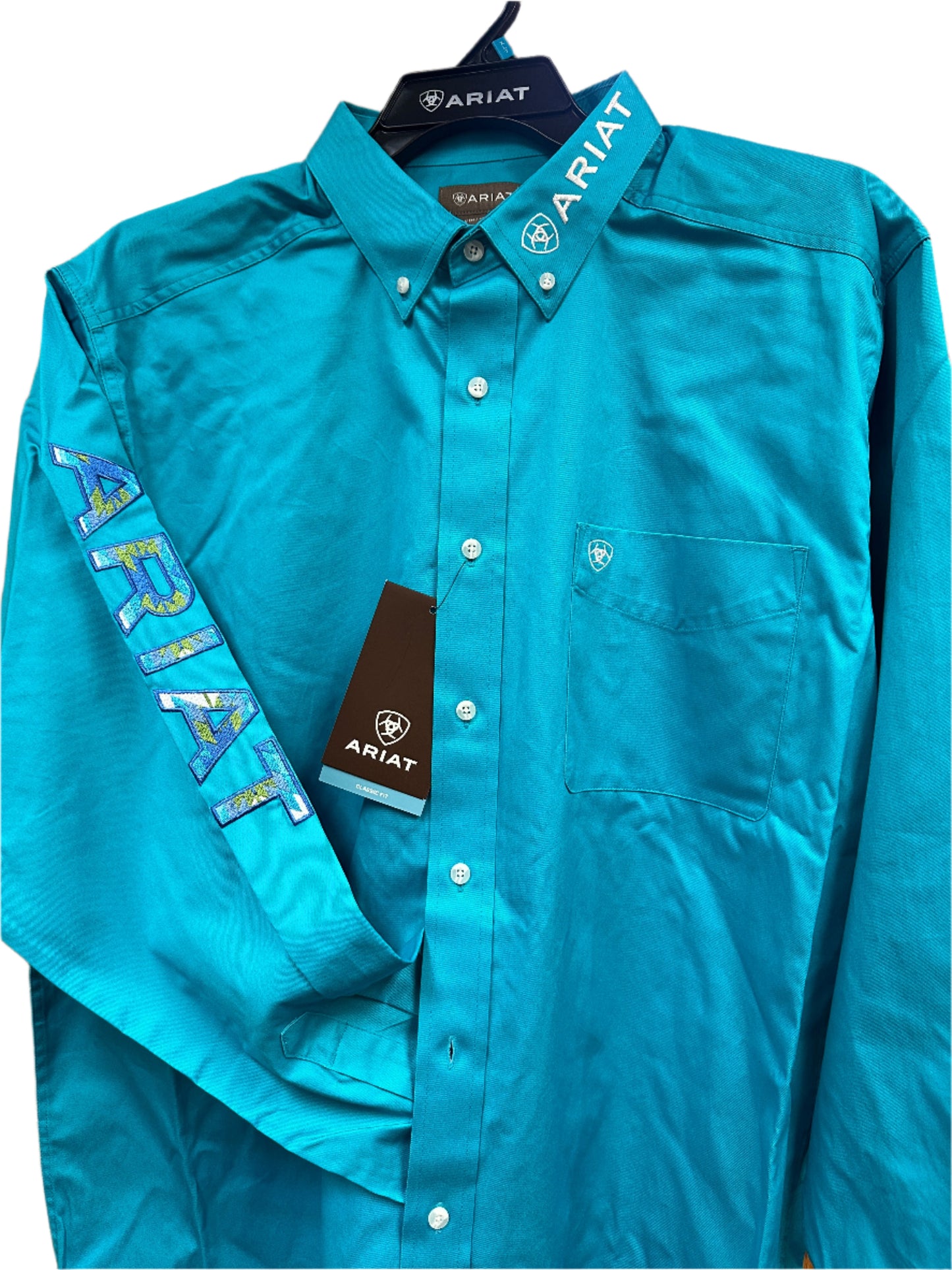 Ariat Men's Long Sleeve Shirt - Solid Turquoise with Ariat Embroidered on Collar & Sleeve