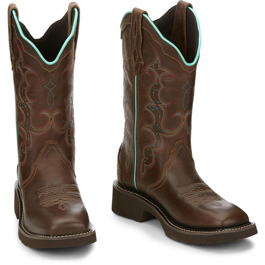 Justin Women's Raya Brown Square Toe with Teal Piping Boots