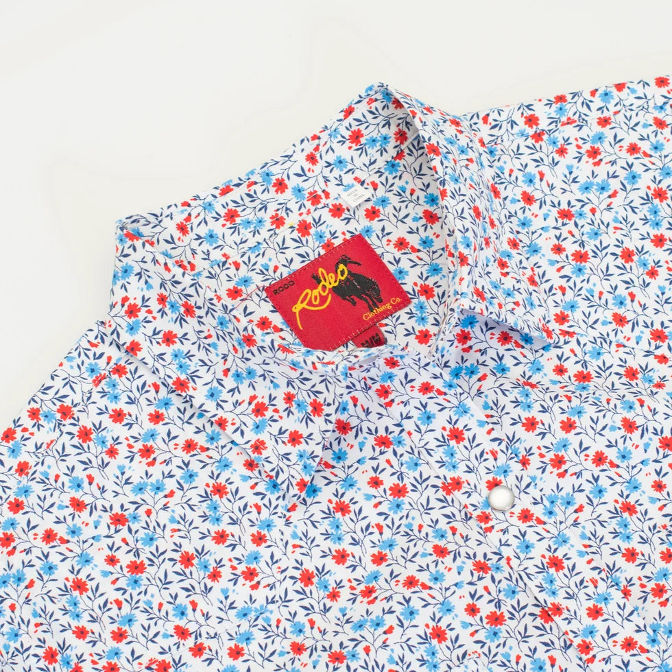 Rodeo Clothing Women's Long Sleeve Western Blue and Red Floral Print Shirt