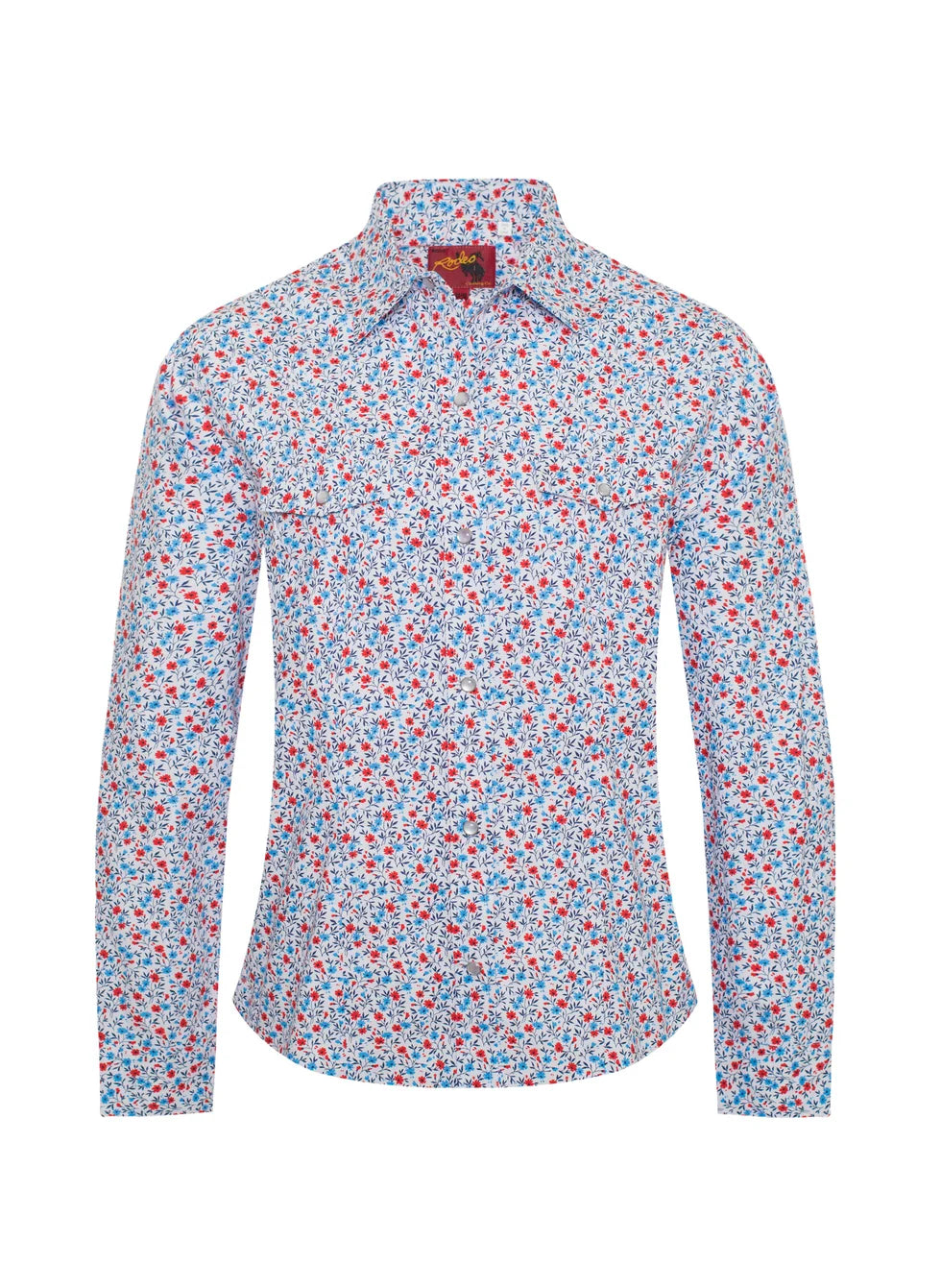 Rodeo Clothing Women's Long Sleeve Western Blue and Red Floral Print Shirt