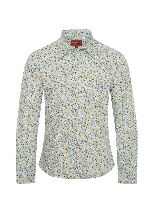 Rodeo Clothing Women's Long Sleeve Western Blue and Yellow Floral Print Shirt