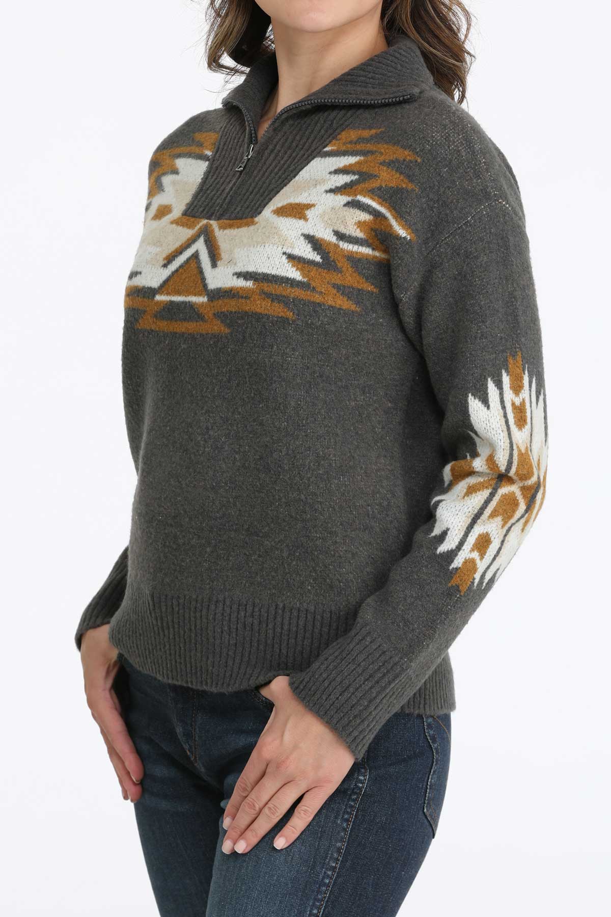Cinch Women's Charcoal 1/4 Zip Pullover Sweater with Southwest Pattern