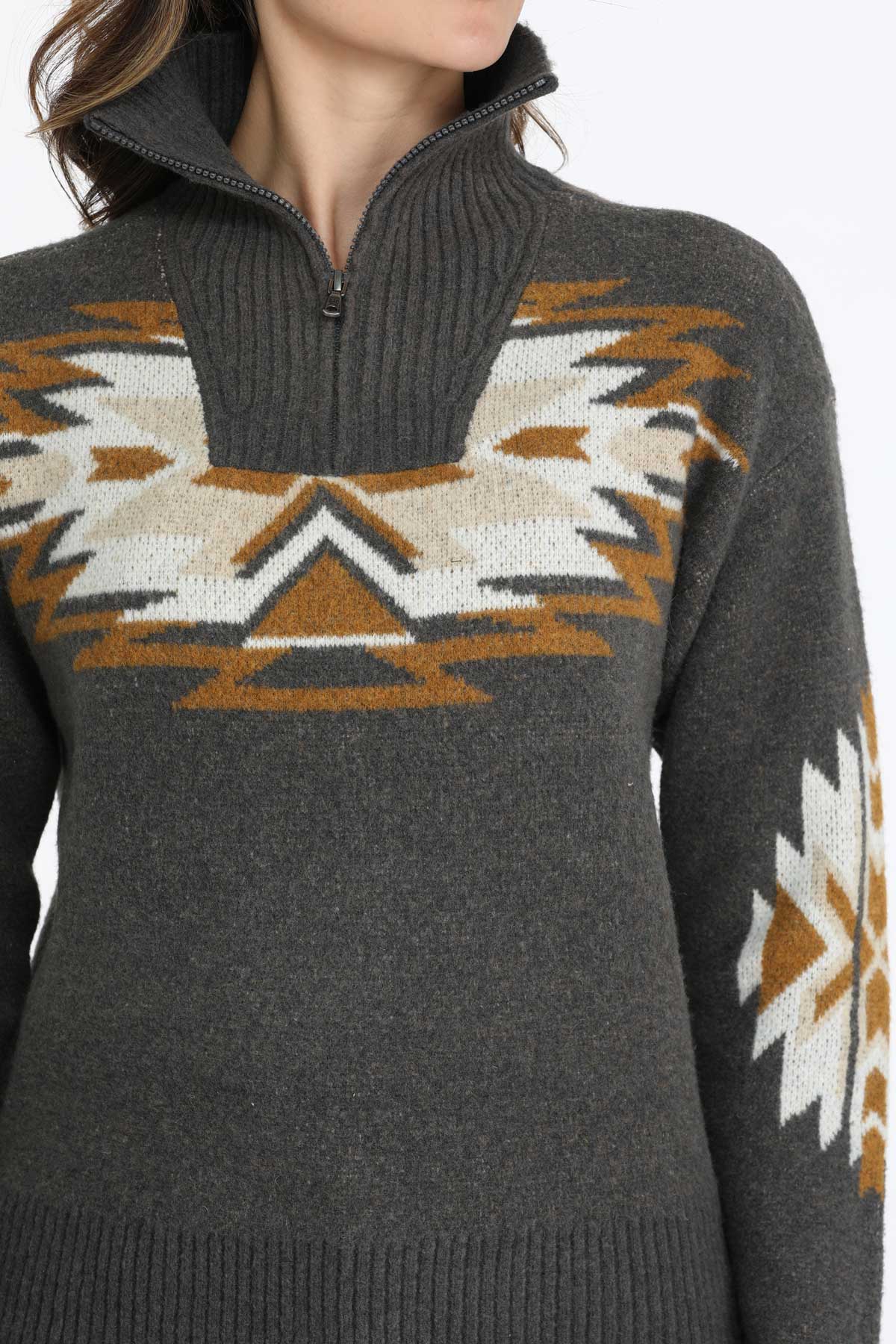 Cinch Women's Charcoal 1/4 Zip Pullover Sweater with Southwest Pattern