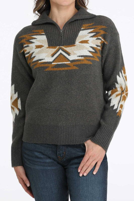 Cinch Women's Charcoal 1/4 Zip Pullover Sweater with Southwest Pattern