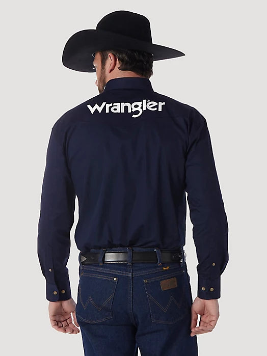 Wrangler Men's Long Sleeve Shirt - Wrangler Logo on Sleeve in Navy