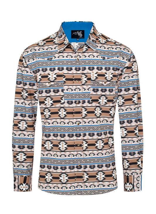 Rodeo Clothing Men's Western Pearl Snap Aztec Print Shirt in Browns