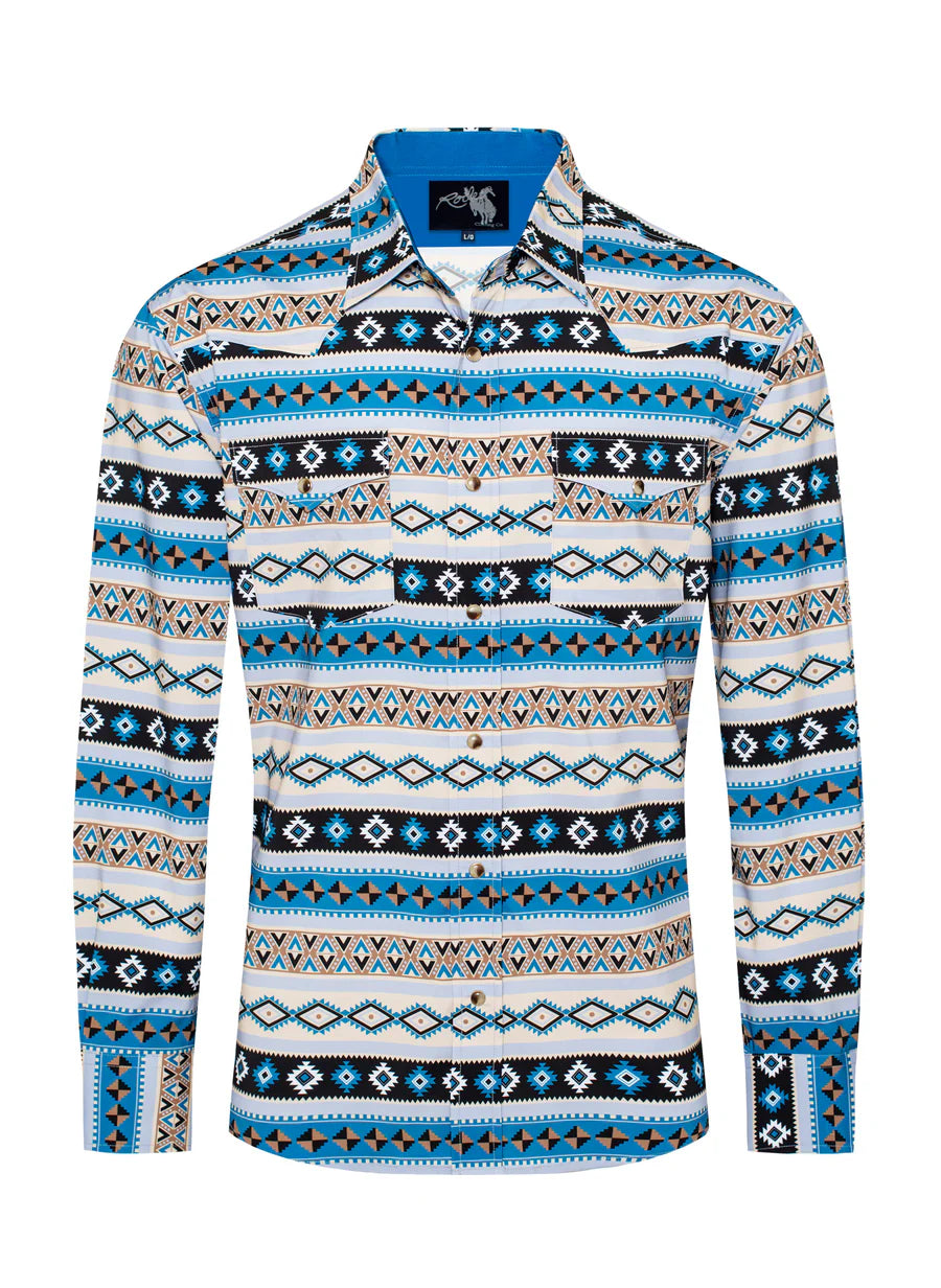 Rodeo Clothing Men's Western Pearl Snap Aztec Print Shirt in White & Blues