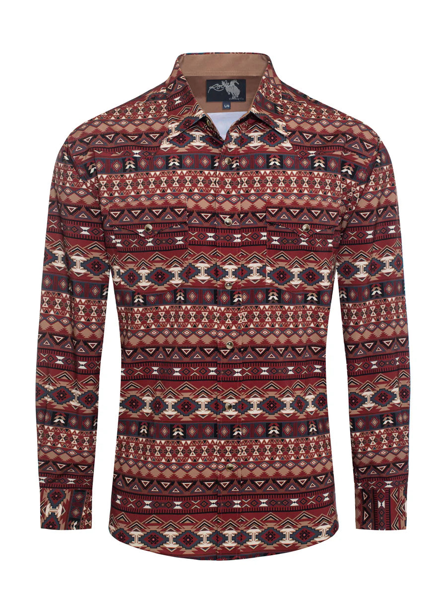 Rodeo Clothing Co. Men's Long Sleeve Western Pearl Snap Aztec Print Shirt