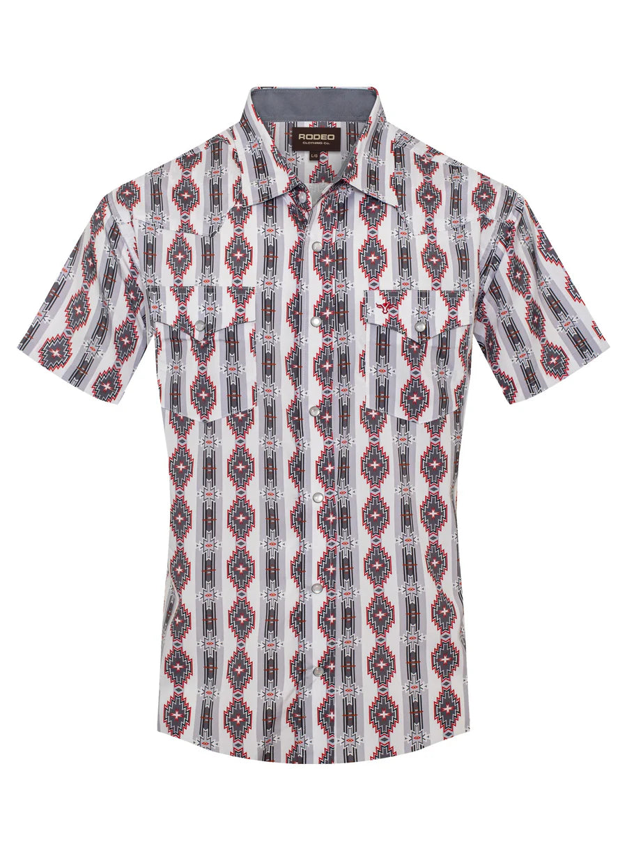 Rodeo Clothing Men's Short Sleeve Shirt - Western Pearl Snap Aztec Print