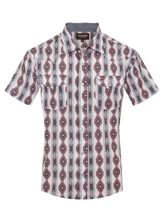 Rodeo Clothing Men's Short Sleeve Shirt - Western Pearl Snap Aztec Print