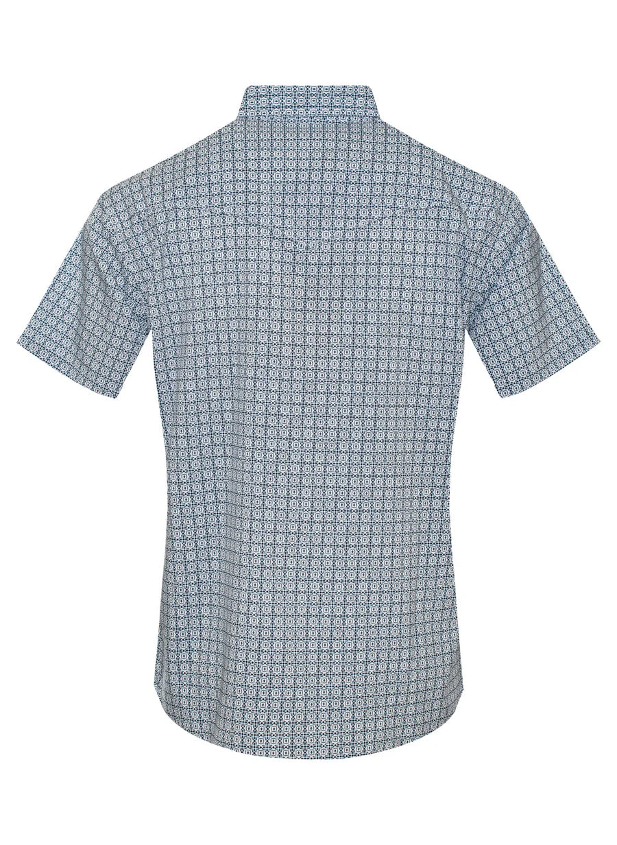 Rodeo Clothing Men's Short Sleeve Shirt - Western Pearl Snap Blue Aztec Print