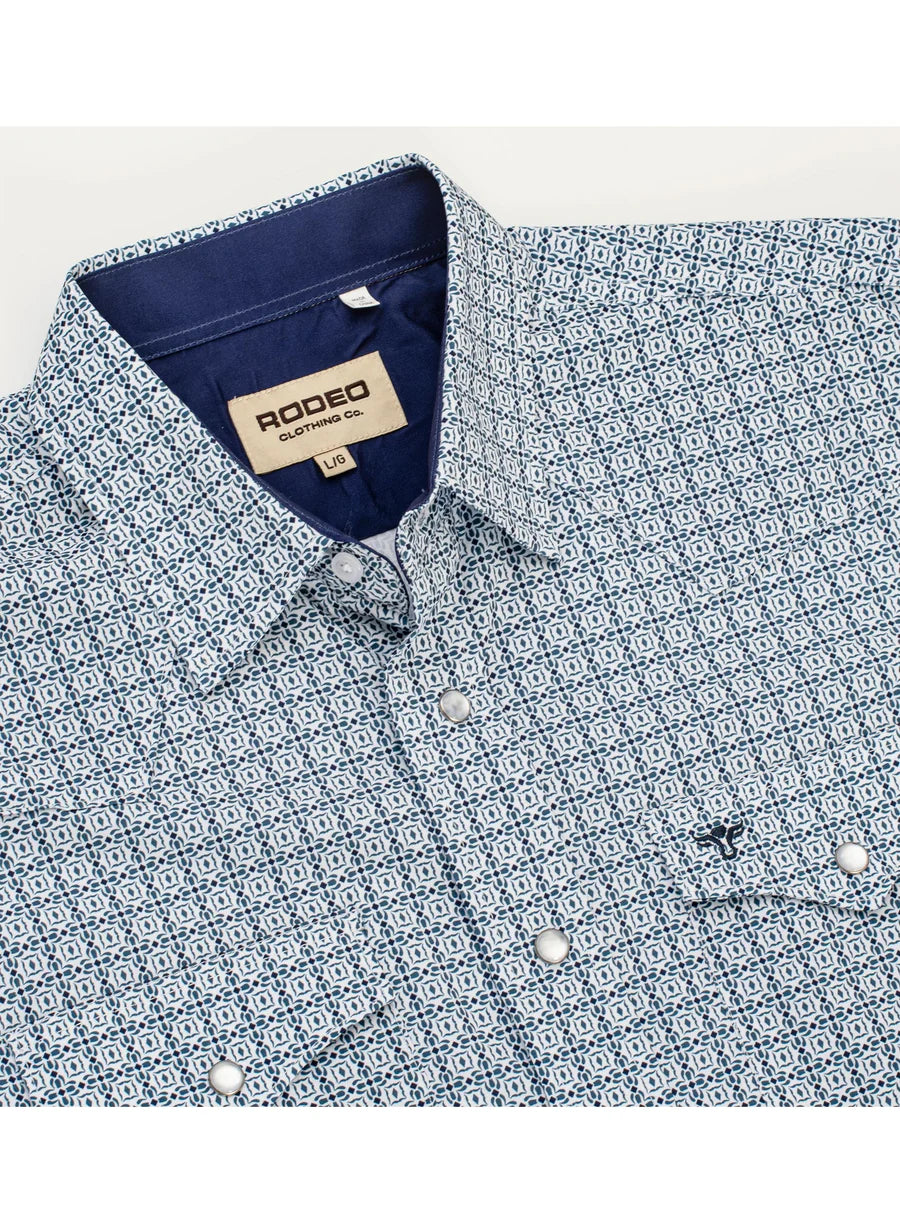 Rodeo Clothing Men's Short Sleeve Shirt - Western Pearl Snap Blue Aztec Print