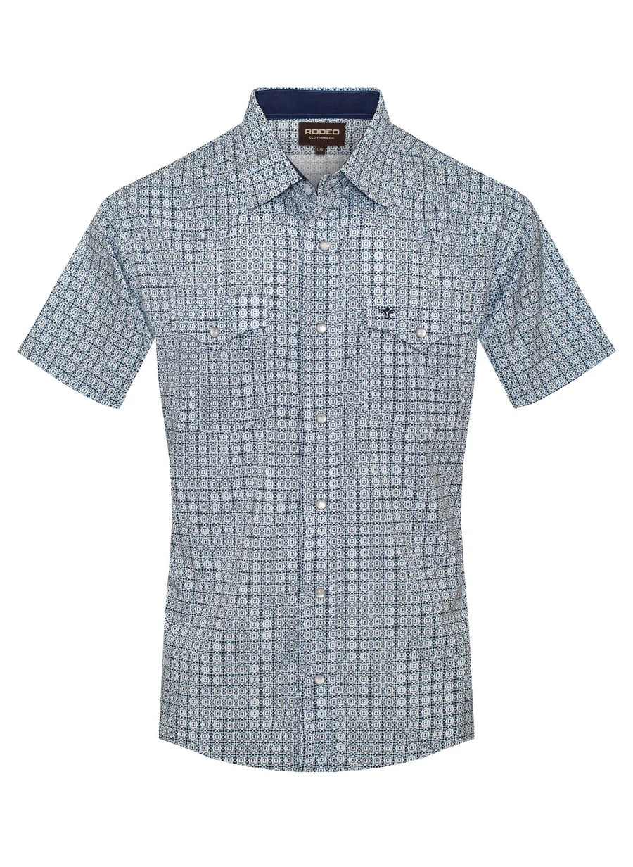 Rodeo Clothing Men's Short Sleeve Shirt - Western Pearl Snap Blue Aztec Print