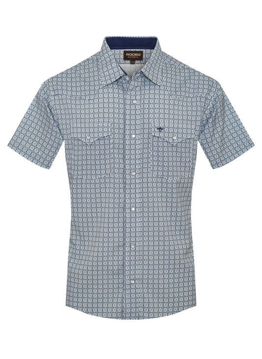 Rodeo Clothing Men's Short Sleeve Shirt - Western Pearl Snap Blue Aztec Print