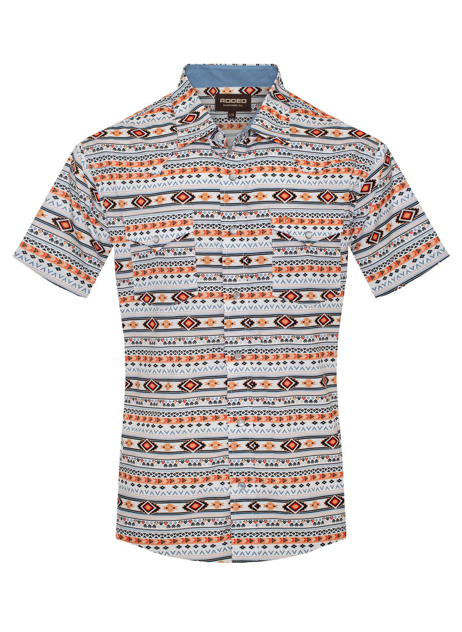 Rodeo Clothing Men's Short Sleeve Shirt - Western Pearl Snap Aztec Print