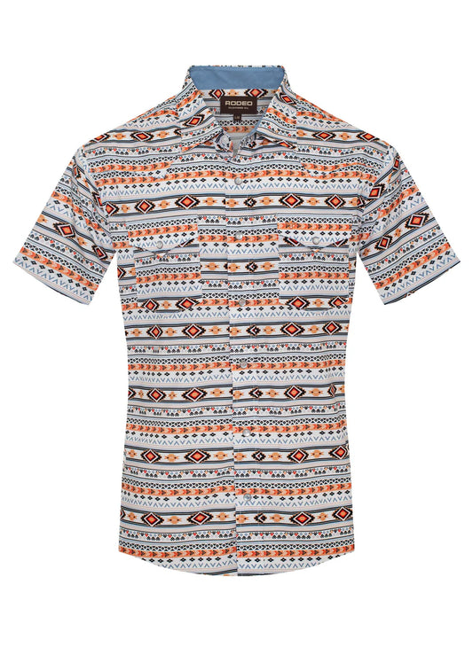 Rodeo Clothing Men's Short Sleeve Shirt - Western Pearl Snap Aztec Print