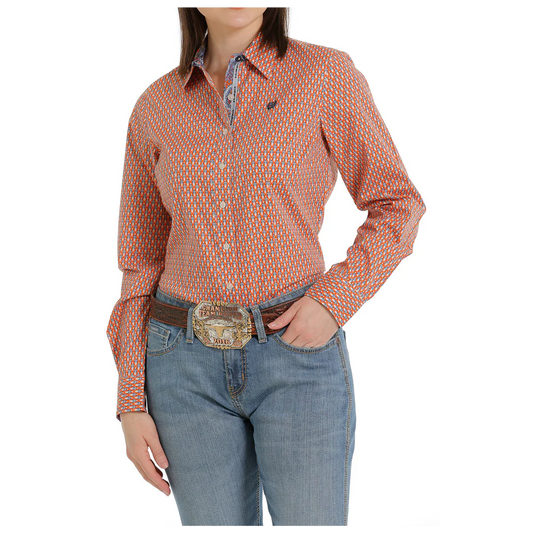 Cinch Women's Long Sleeve Shirt - Orange & Grey Diamond Pattern