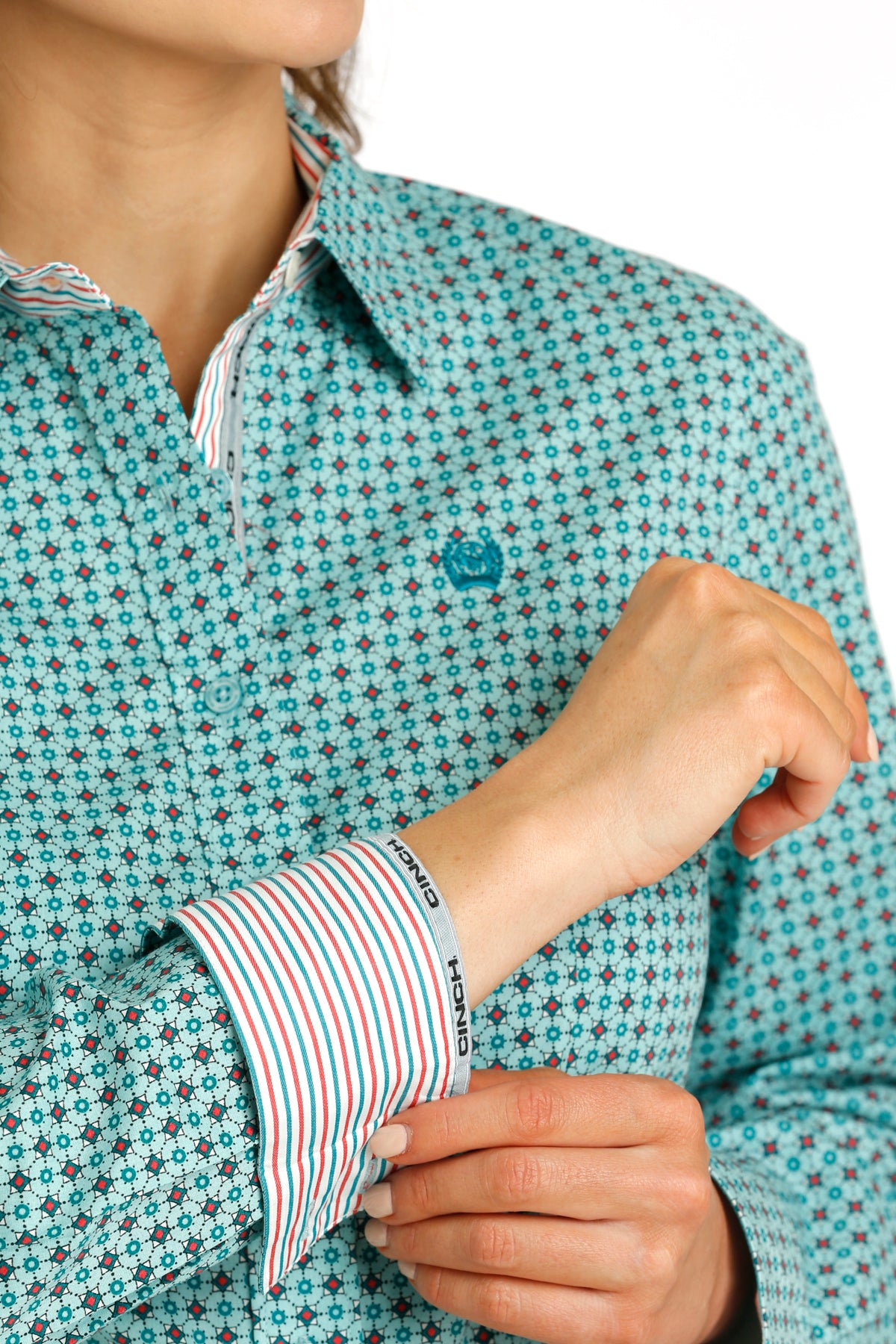 Cinch Women's Long Sleeve Shirt Teal Geometric Print