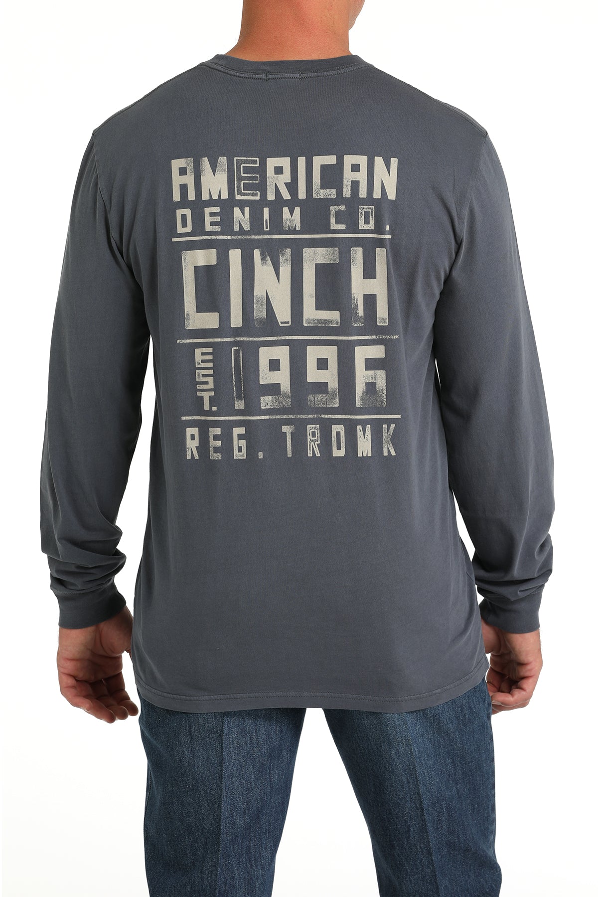 Cinch Men's Long Sleeve T-Shirt in Grey with Back Graphic "American Denim Co."