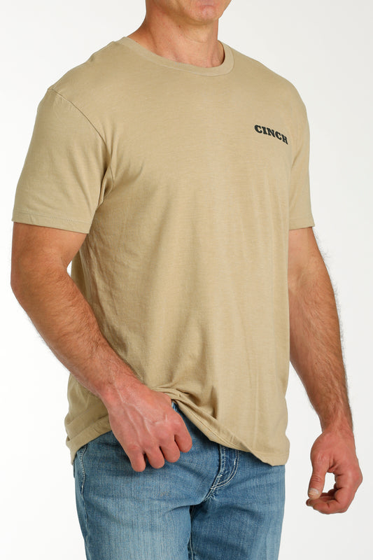 Cinch Men's T-Shirt in Khaki with Watering Hole Graphic on the Back