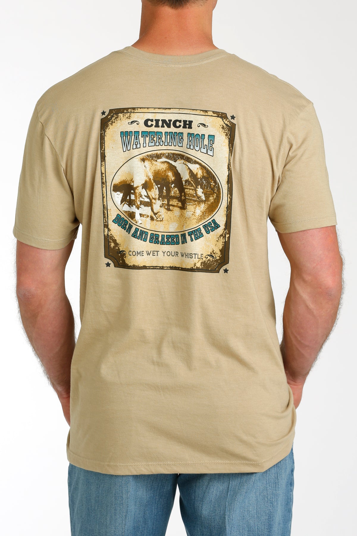 Cinch Men's T-Shirt in Khaki with Watering Hole Graphic on the Back