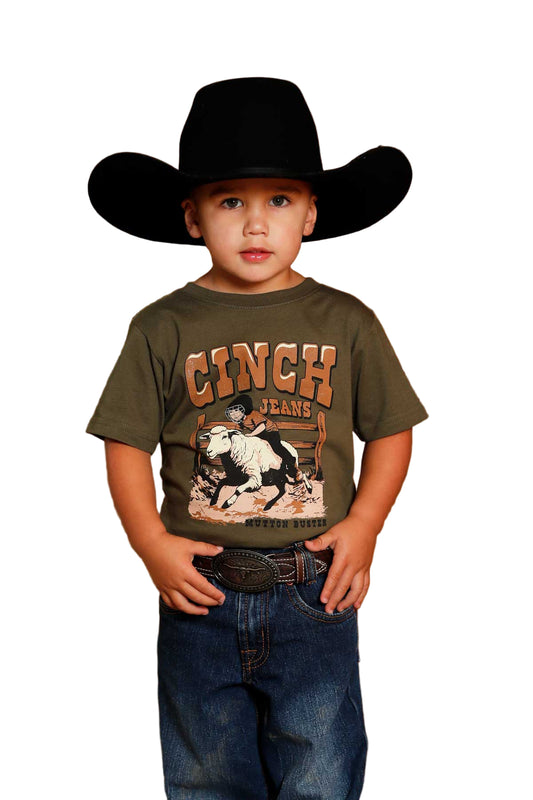 Cinch Boy's Olive T-Shirt with Mutton Buster Graphic