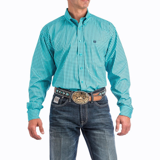 Cinch Men's Long Sleeve Western Shirt - Turquoise with Black Squares