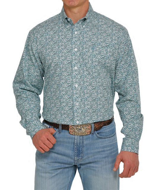 Cinch Men's Long Sleeve Western Shirt - Floral & Paisley Pattern Green & White