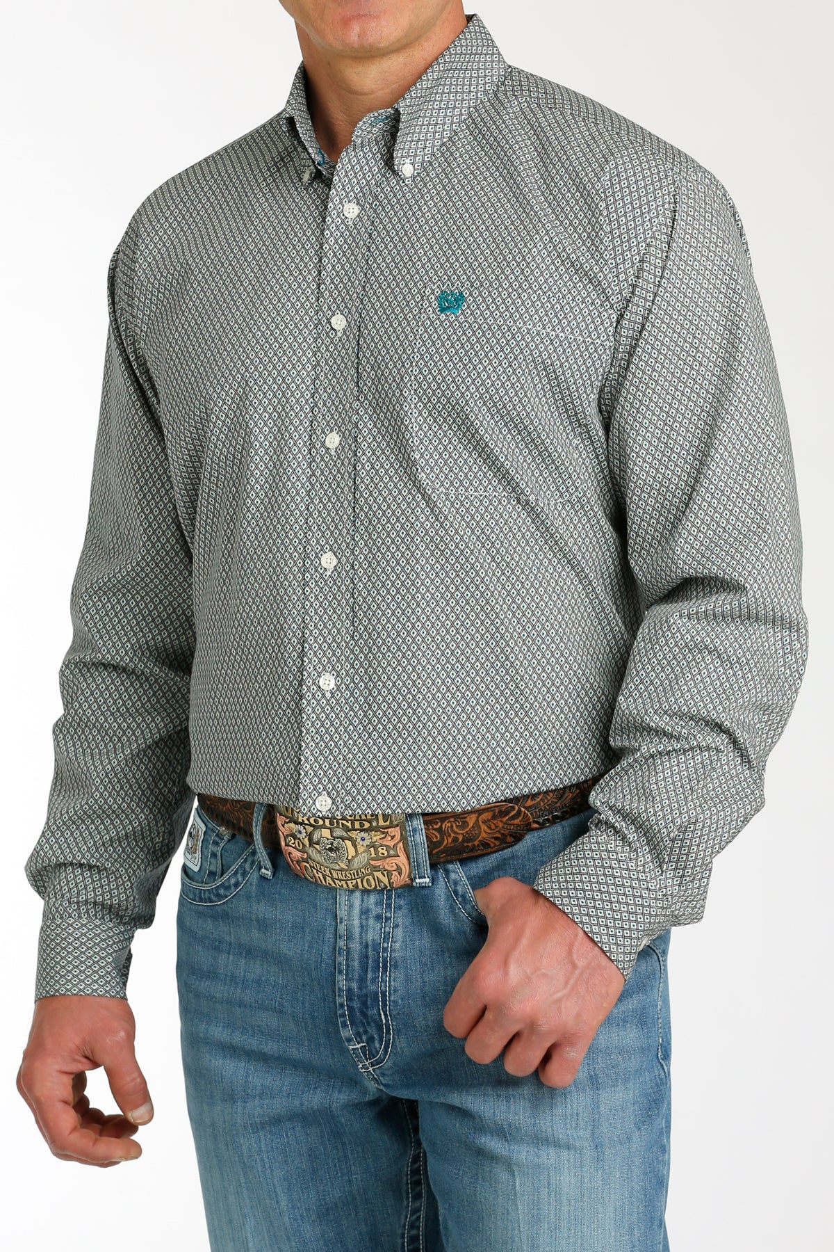 Cinch Men's Long Sleeve Shirt Cream, Teal & Black Geometric Print