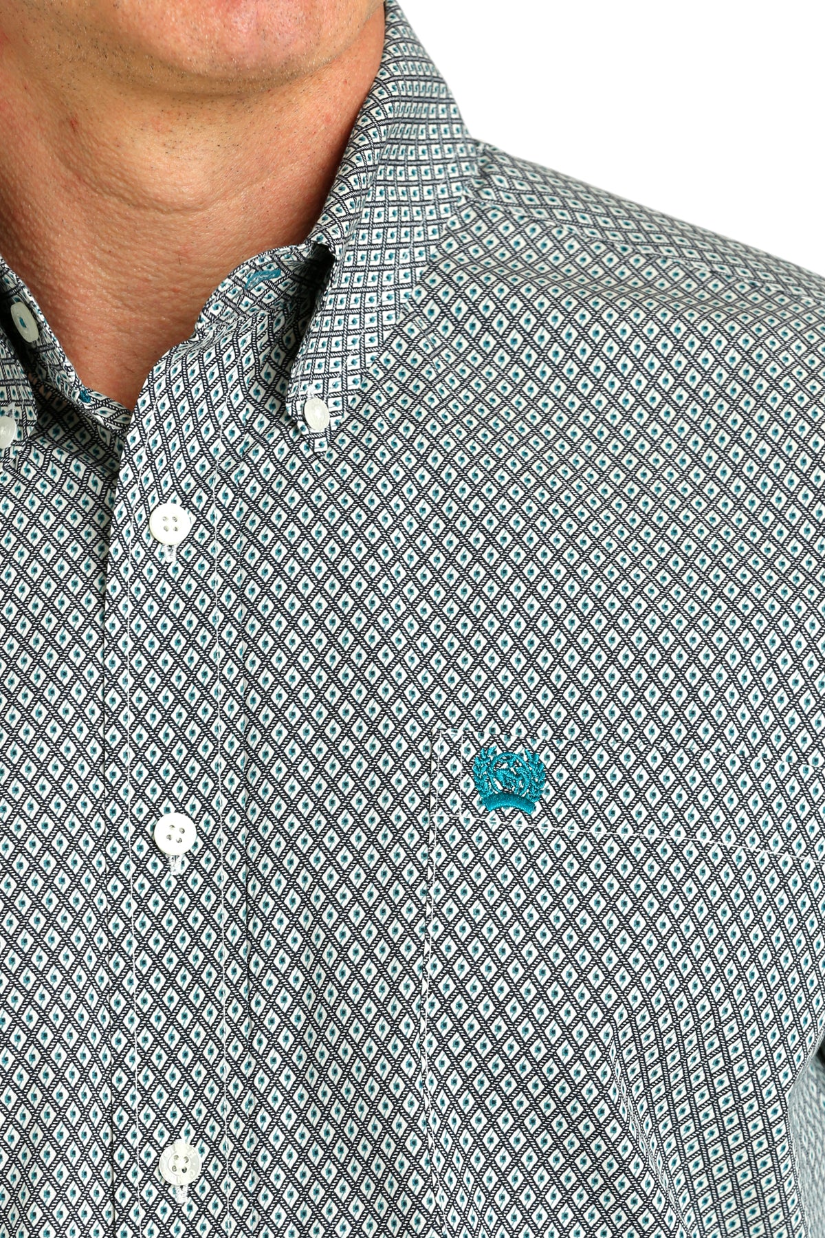 Cinch Men's Long Sleeve Shirt Cream, Teal & Black Geometric Print