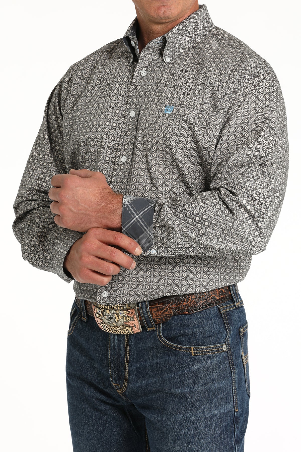 Cinch Men's Long Sleeve Shirt with Geometric Print in Blue & White