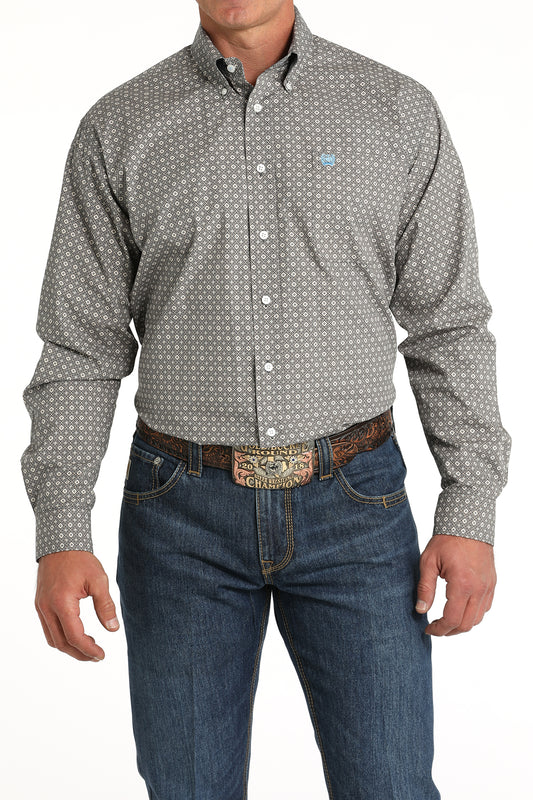 Cinch Men's Long Sleeve Shirt with Geometric Print in Blue & White