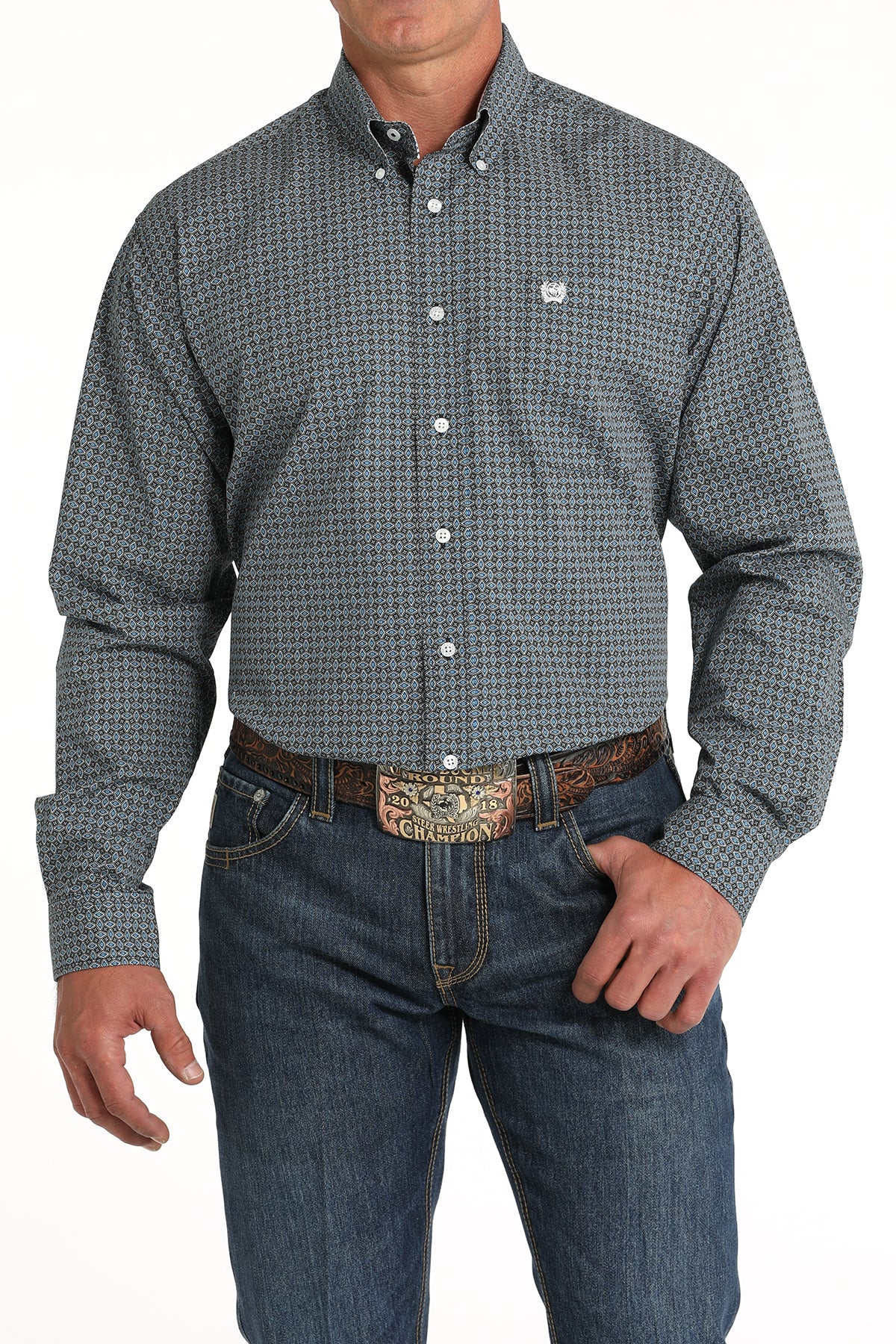 Cinch Men's Long Sleeve Shirt Geometric Print in Black & Blue