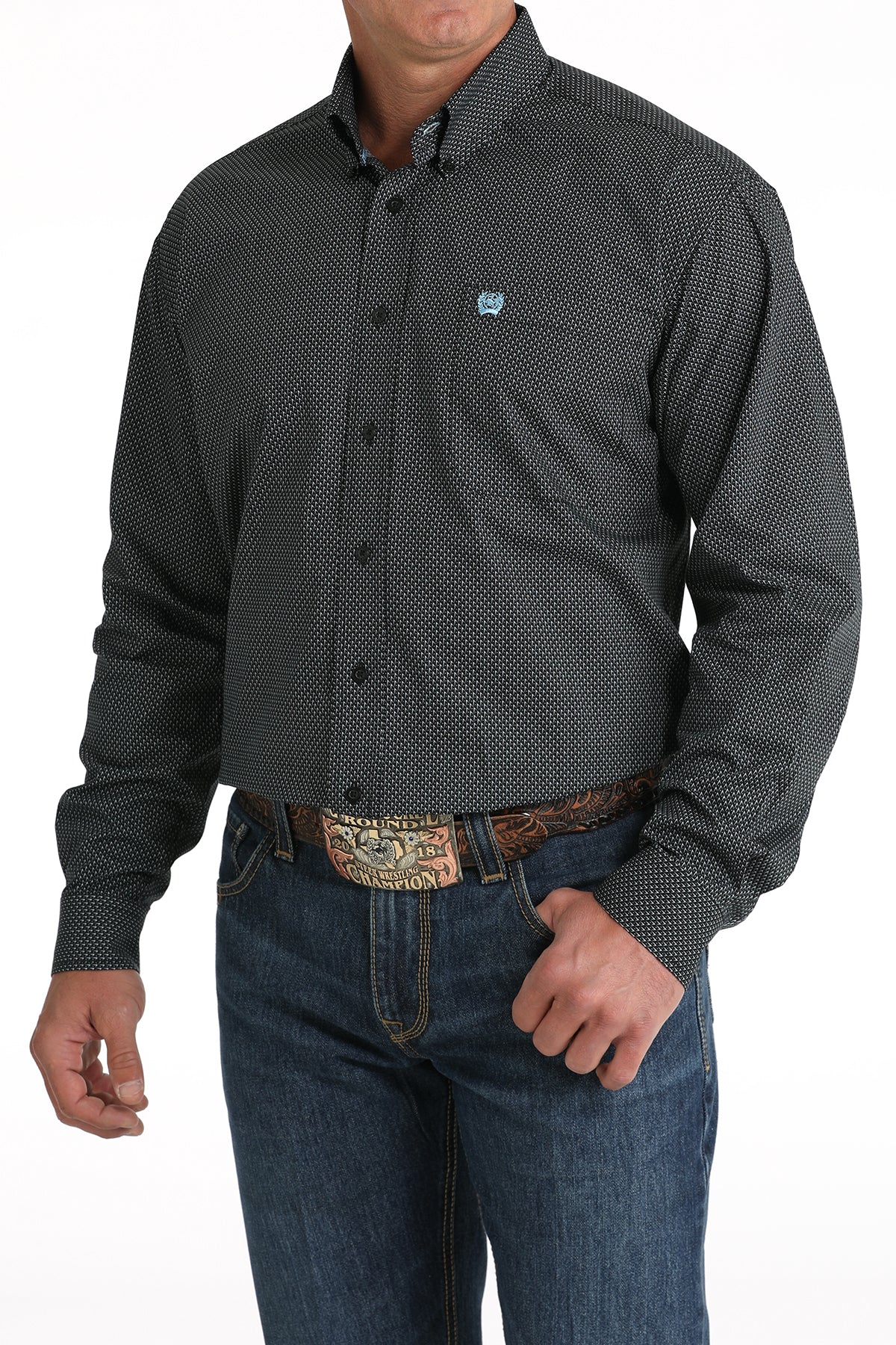 Cinch Men's Long Sleeve Shirt Geometric Print in Black & Grey