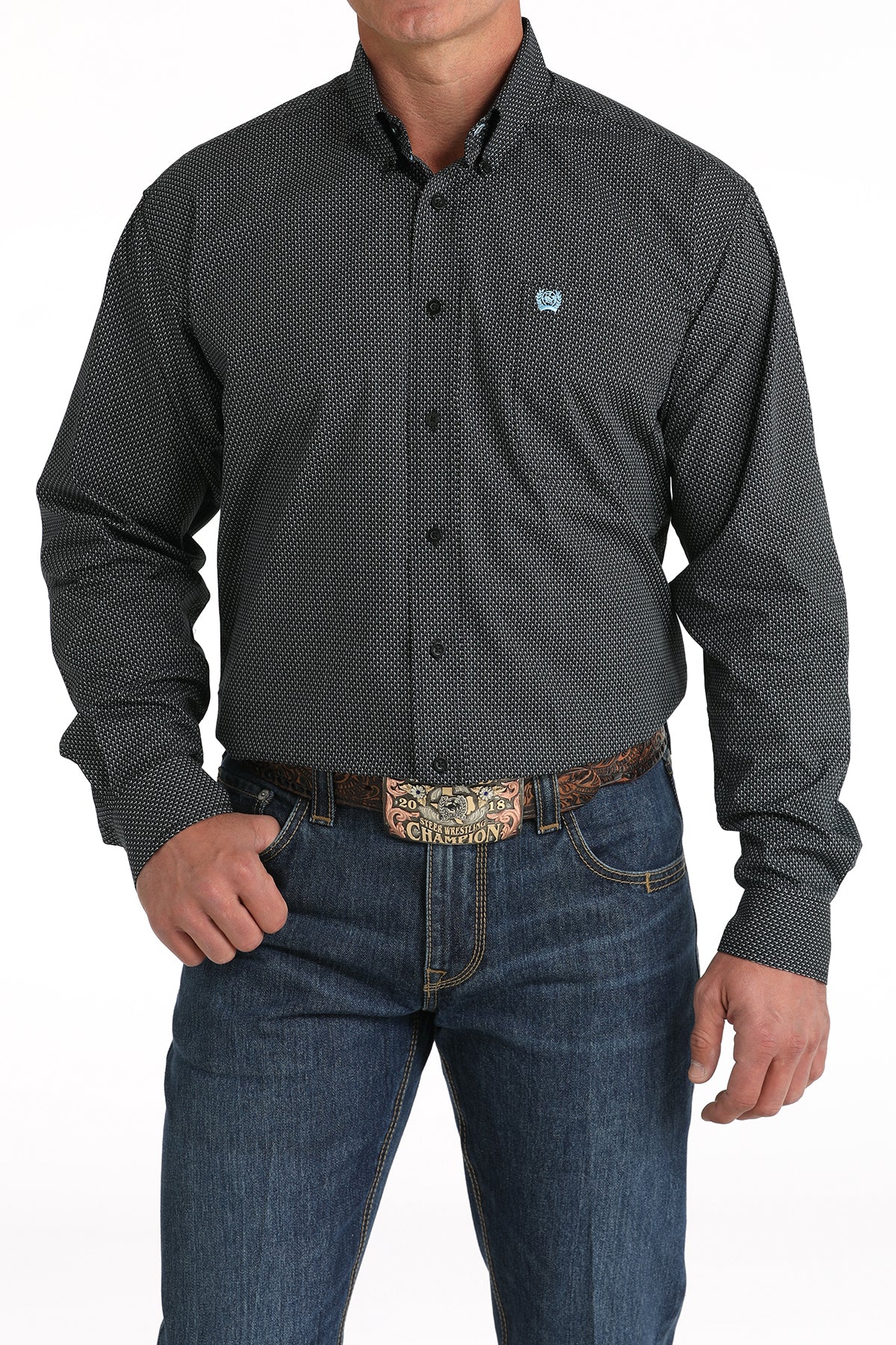 Cinch Men's Long Sleeve Shirt Geometric Print in Black & Grey