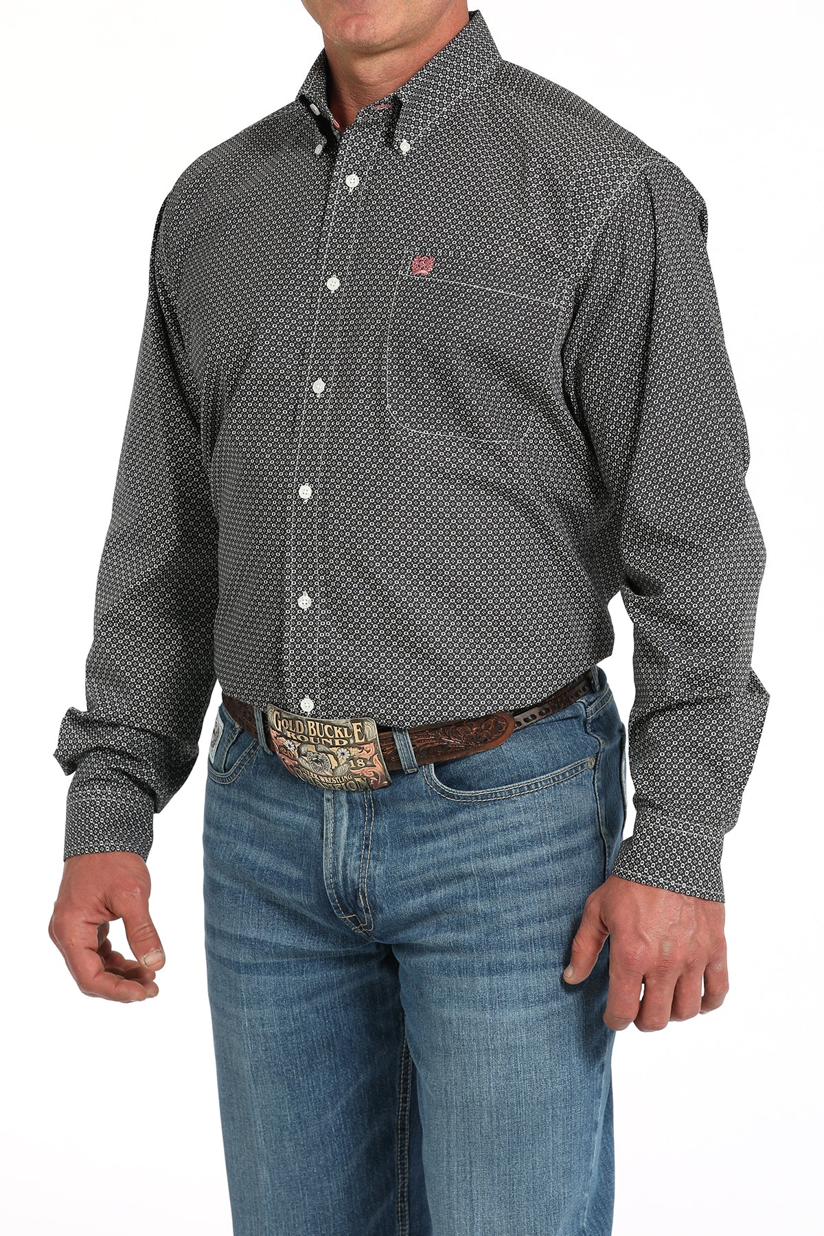 Cinch Men's Long Sleeve Geometric Gray & White Print Shirt