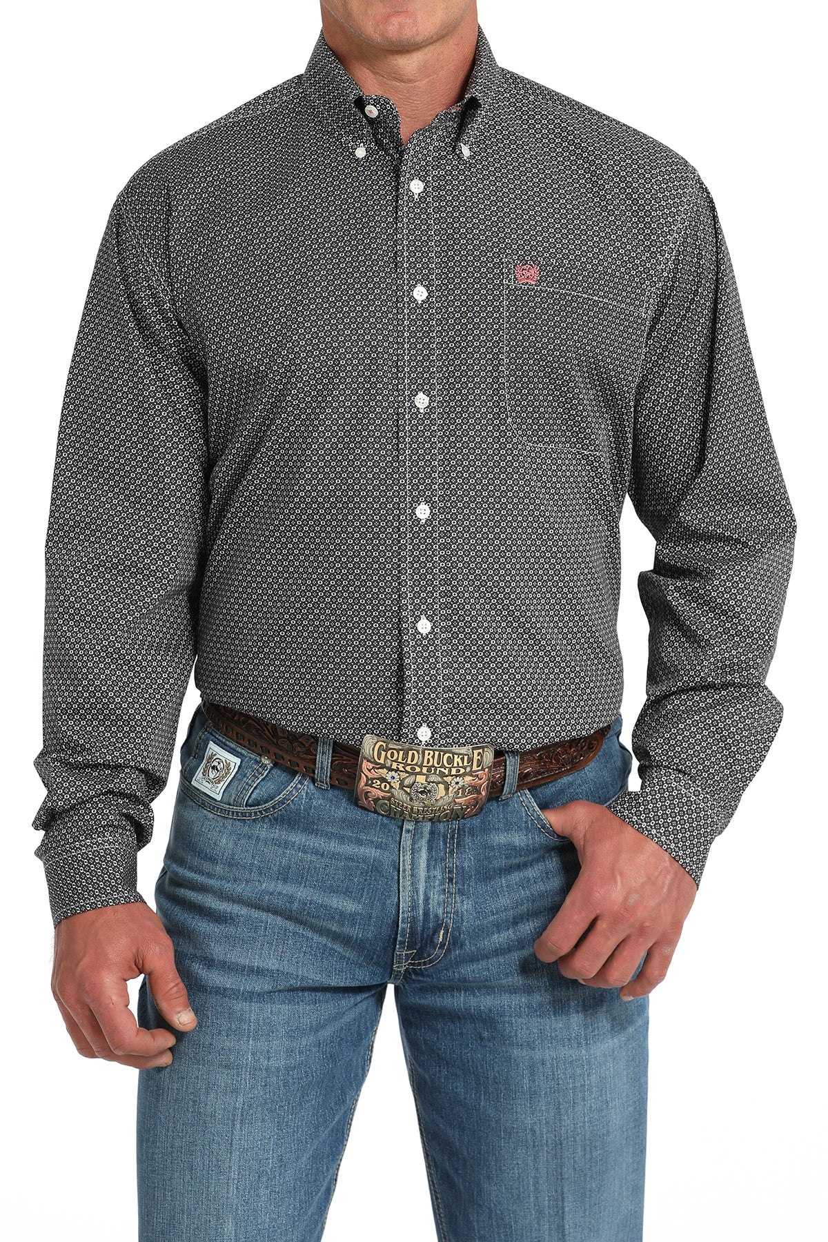 Cinch Men's Long Sleeve Geometric Gray & White Print Shirt