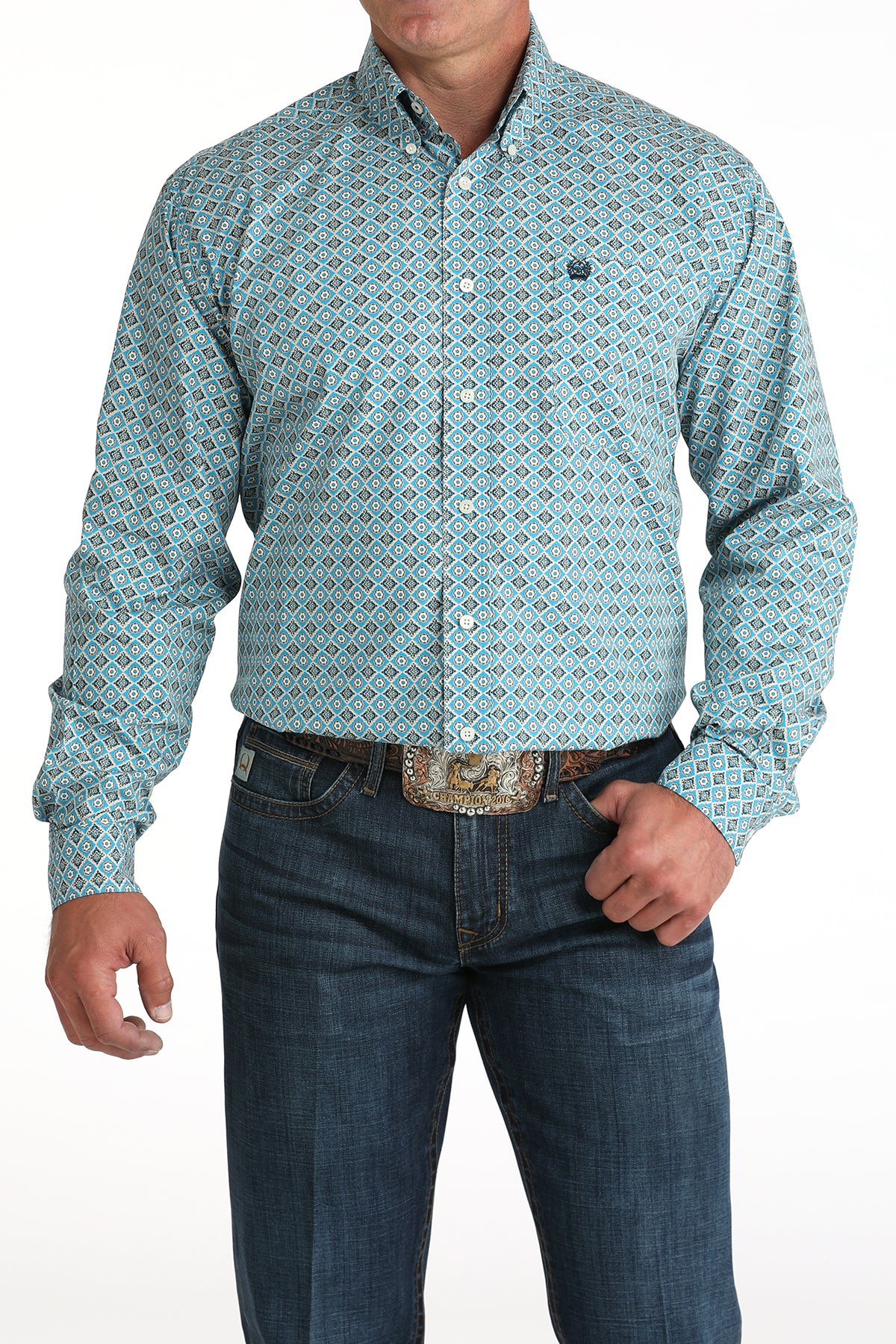 Cinch Men's Long Sleeve Western Shirt - Blue Geometric Print