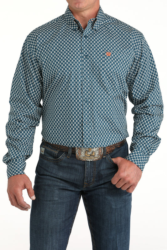 Cinch Men's Long Sleeve Western Shirt - Teal & White Geometric Print