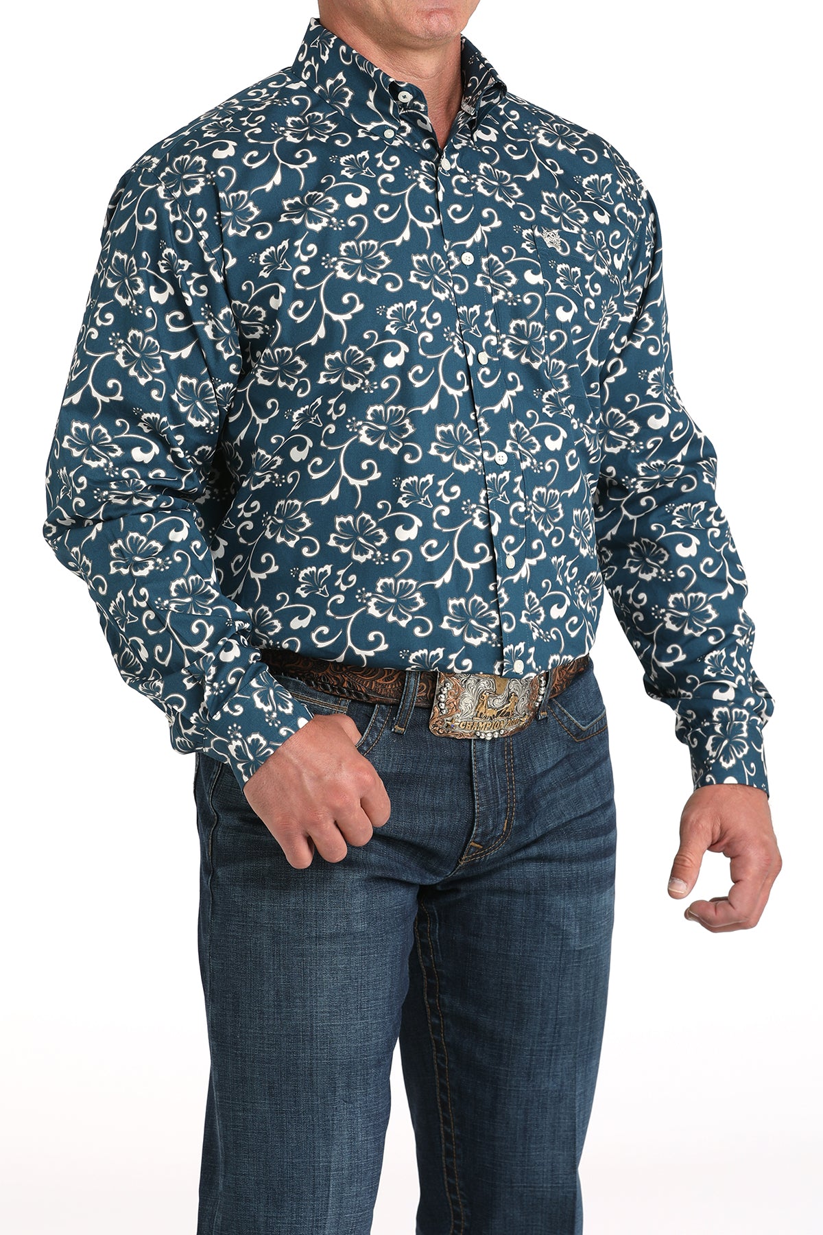 Cinch Men's Long Sleeve Western Shirt - Teal & White Floral Print