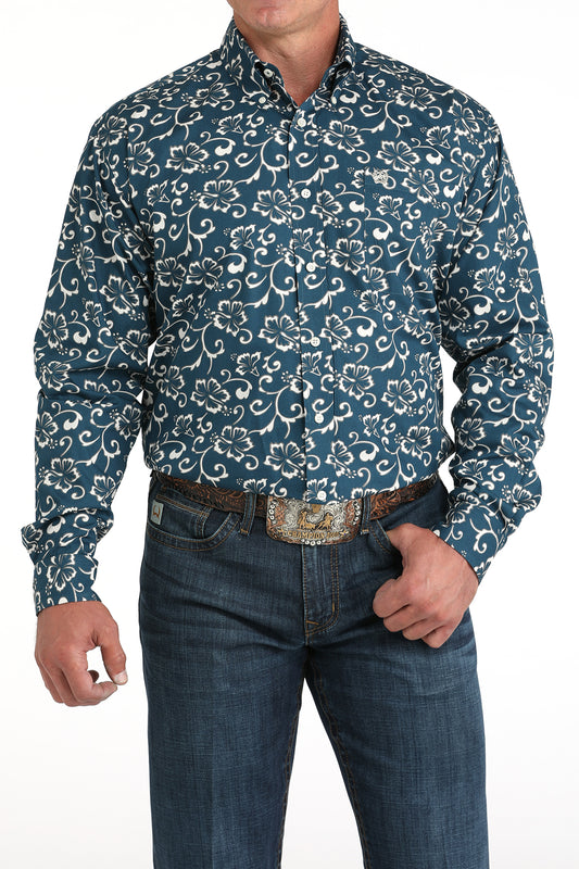 Cinch Men's Long Sleeve Western Shirt - Teal & White Floral Print