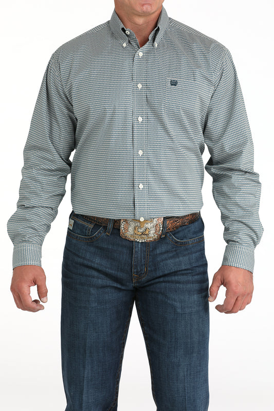 Cinch Men's Long Sleeve Western Shirt - Teal & White Geometric Print