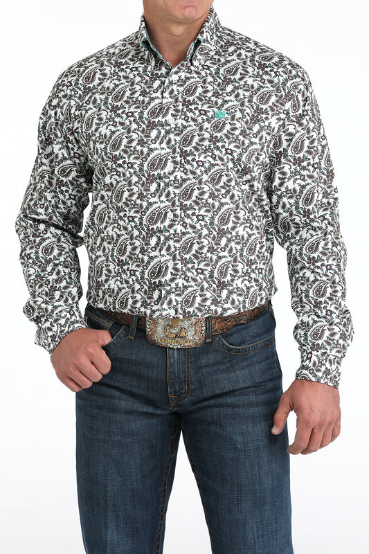 Cinch Men's Long Sleeve Western Shirt - Brown Paisley on White Print
