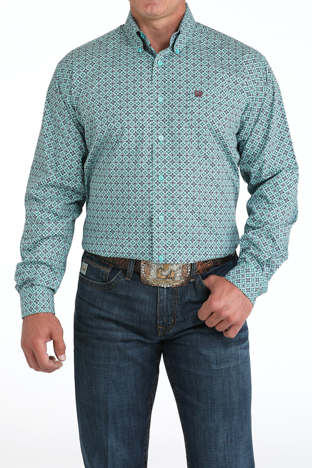 Cinch Men's Long Sleeve Western Shirt - Turquoise Geometric Print