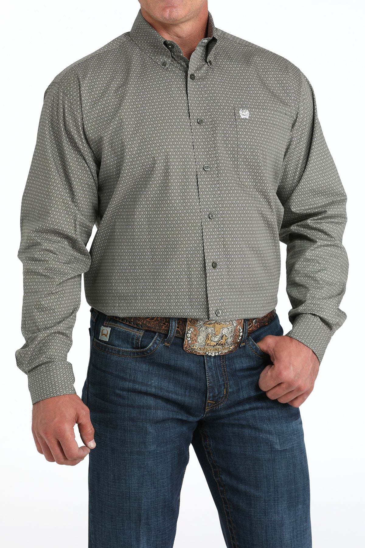 Cinch Men's Long Sleeve Western Shirt - Olive Geometric Print