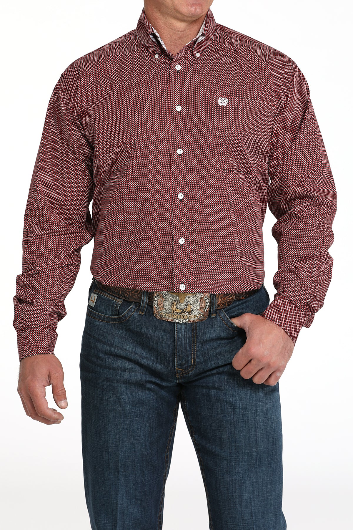 Cinch Men's Long Sleeve Western Shirt - Red Geometric Print