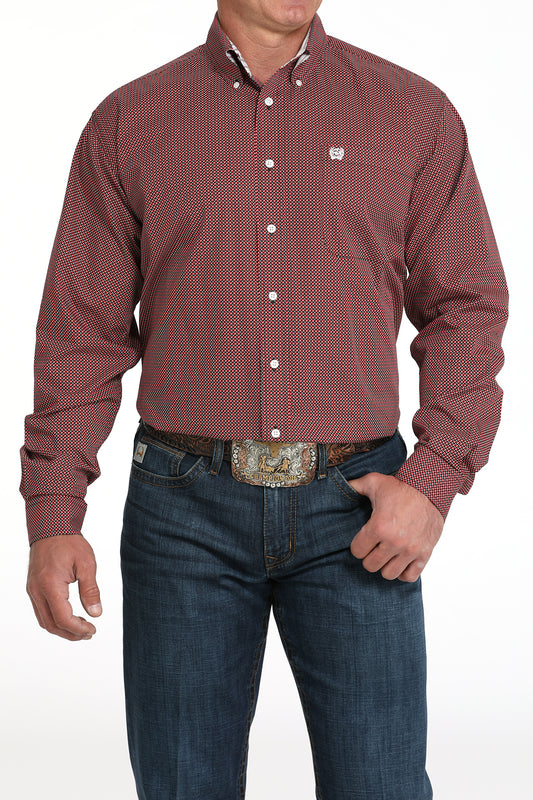 Cinch Men's Long Sleeve Western Shirt - Red Geometric Print