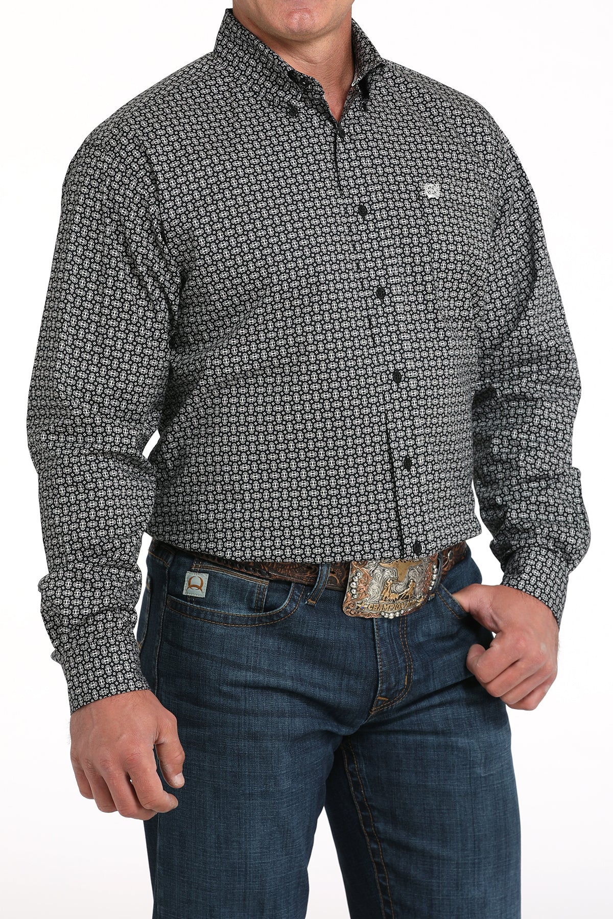 Cinch Men's Long Sleeve Western Shirt - Black and White Geometric Print